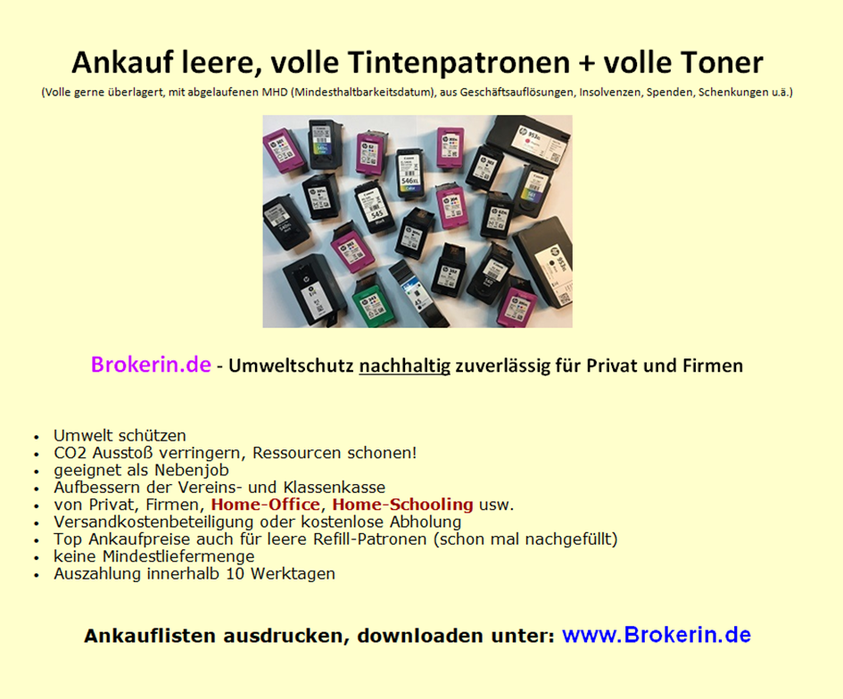 Ankauf leere Druckerpatronen, sowie volle �berlagerte Toner und Patronen verkaufen hier ...